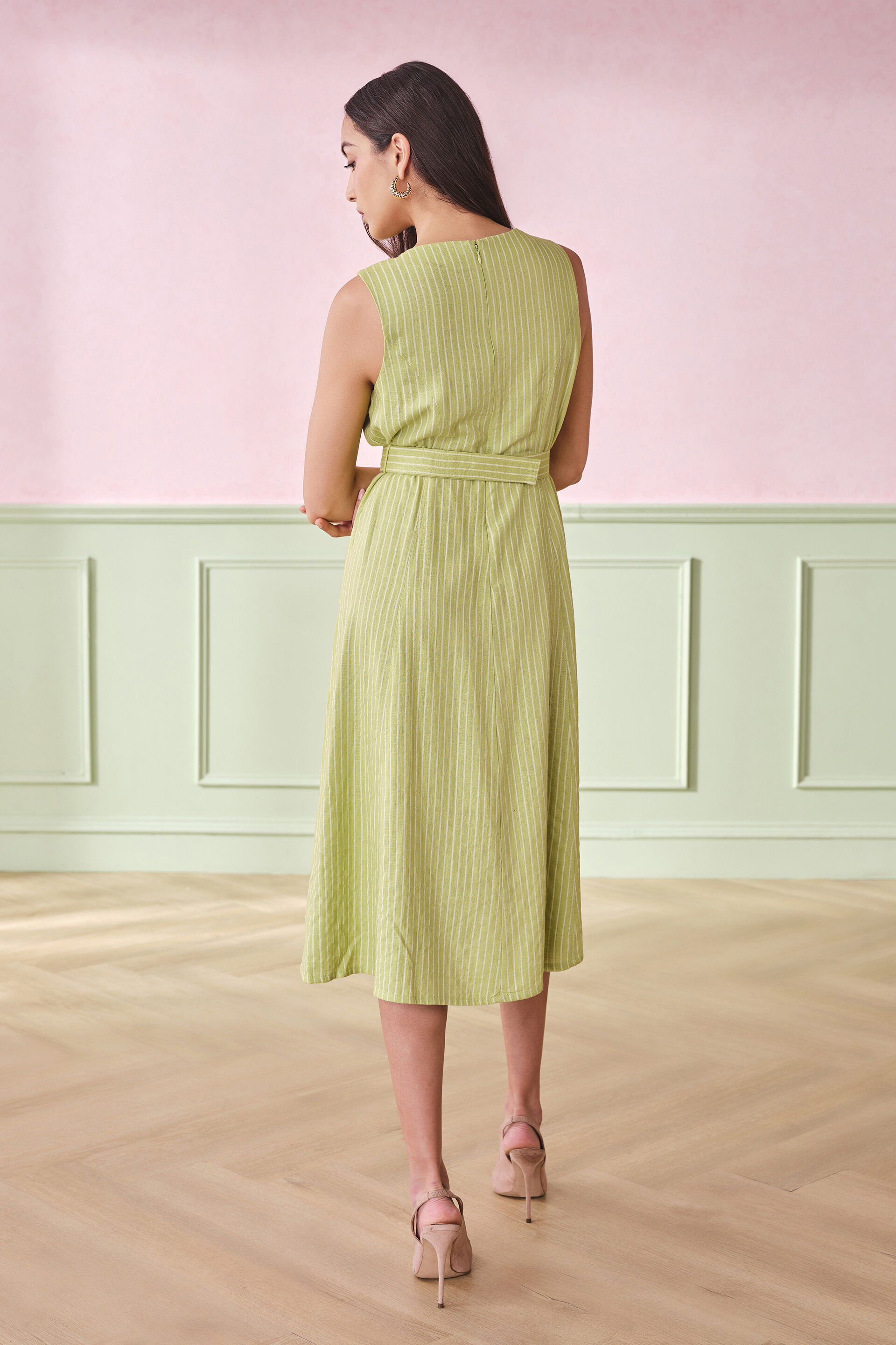 Minted Stripes Linen Blend Dress, Green, image 4